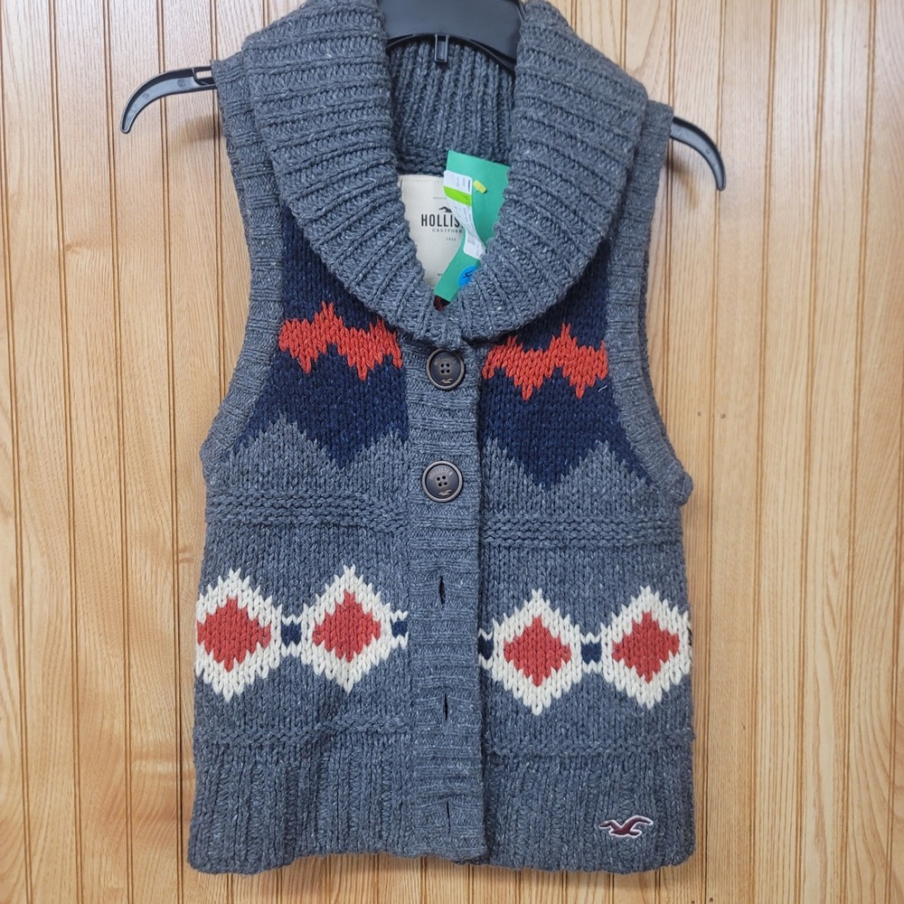 Hollister Womens Gray Chunky Knit Shawl Collar Button Front Sweater Vest Large